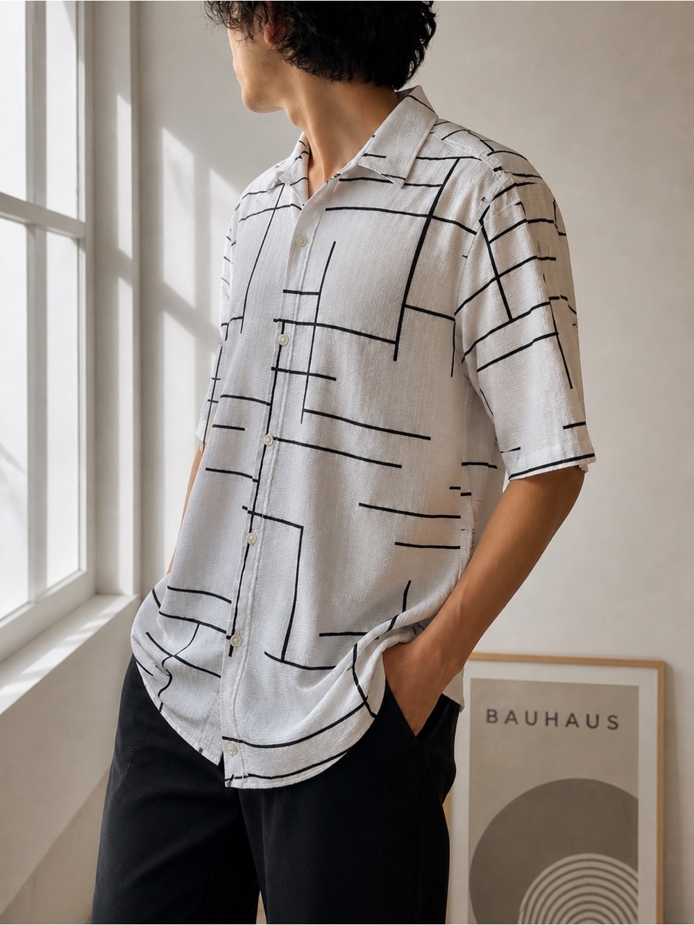IKE BEHAR Men’s White Black Abstract Geometric Button Up Shirt Large Textured